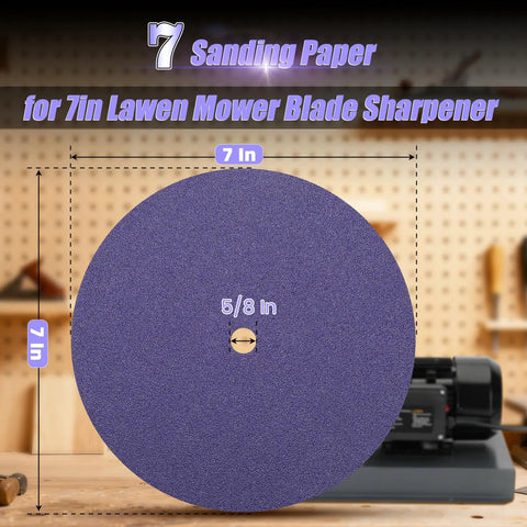Close-up of 7-inch sanding paper for mower blade sharpener, labeled 5/8 inch, in a workshop setting with tools.