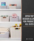 Small Natural Woven Plastic Basket 5 Pack Home Organization Closets Kitchen Bedrooms Space Saving Storage Bins on shelves with towels and jars.