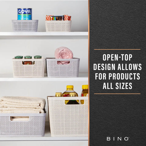 Small Natural Woven Plastic Basket 5 Pack Home Organization Closets Kitchen Bedrooms Space Saving Storage Bins on shelves with towels and jars.