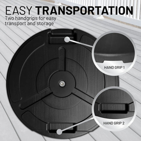 Fillable Weighted Round Umbrella Base For Patio Tables Heavy Duty Weatherproof Stand With 18 Inch Diameter And 11.5 Inch Tall Steel Stem Fits Poles From 1.5 To 2 Inches Made In USA showing hand grips for transport