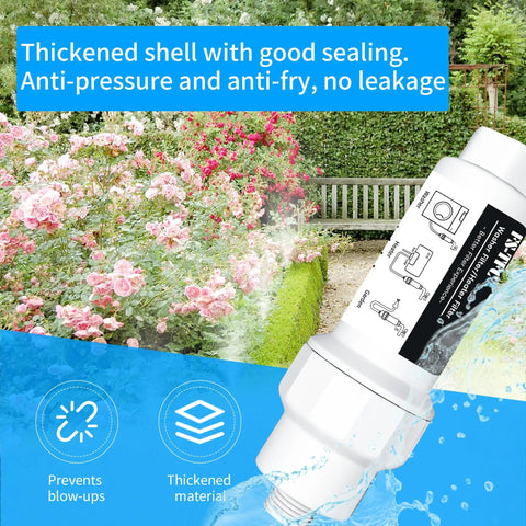 Inline Sediment And Anti Scale Water Filter For Hose Three Quarter Inch GHT Thread Reusable And High Flow Two Pack in garden setting