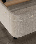 Queen Size Cloud Bed Frame In Beige Plush Boucle Upholstery corner detail, showing soft boucle fabric and sturdy support.