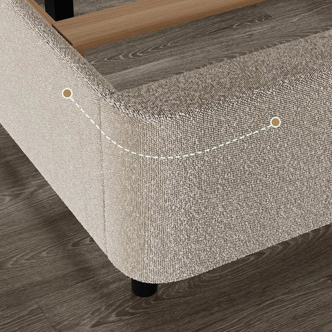 Queen Size Cloud Bed Frame In Beige Plush Boucle Upholstery corner detail, showing soft boucle fabric and sturdy support.