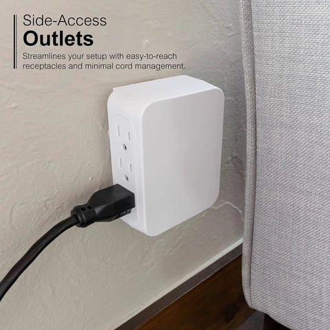 Six Outlet Surge Protector Wall Tap Extender With Side Access Design For Tight Spots, 1200 Joules, 3 Prong Grounded Outlets, UL Listed, White, Great For Home Office And Entertainment Setups