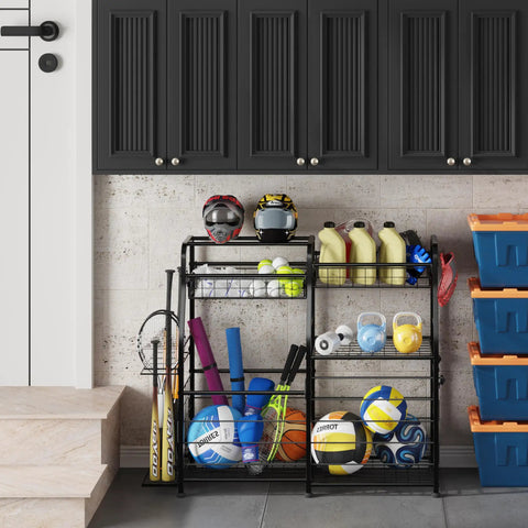 Small Garage Organizer For Sports Gear And Toys Space Saving Ball And Equipment Storage Rack Indoor Outdoor Garage Storage System Easy Assembly Black Finish with balls, rackets, and helmets displayed.