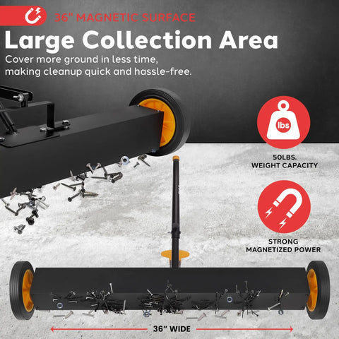 Heavy Duty Rolling Magnetic Sweeper Workhorse With Adjustable Handle Mega Pull Yard Boss Gear For Scrap Pickup And Garage Cleanup Solid Steel Frame 36 Inch Wide Magnet on a concrete surface, showcasing large collection area with collected metal debris.