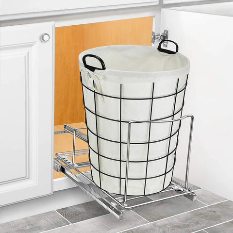 Heavy Duty Adjustable Cabinet Pullout Organizer with sliding rack holding a fabric liner bin for easy under-sink trash storage.
