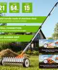 Heavy Duty 15 Inch Dethatching Rake With Wheels 21 Steel Teeth To Clear Thatch and Dead Grass in a Garden with House in Background