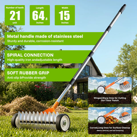 Heavy Duty 15 Inch Dethatching Rake With Wheels 21 Steel Teeth To Clear Thatch and Dead Grass in a Garden with House in Background