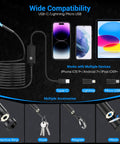 1920P HD Borescope With 8 Adjustable LEDs Semi Rigid Endoscope compatibility with USB-C, Lightning, and Micro USB