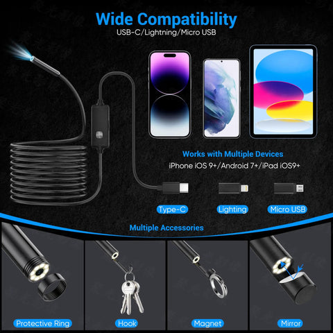 1920P HD Borescope With 8 Adjustable LEDs Semi Rigid Endoscope compatibility with USB-C, Lightning, and Micro USB
