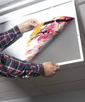Easy Install Fluorescent Light Cover For Classroom Ceilings With Backlit Flower Film Insert being installed in fixture