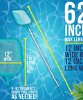 Five Foot Leaf Skimmer Pool Net With Adjustable Aluminum Pole Sections Five To Nine Inch Connectors, Fine Mesh Debris Net shown