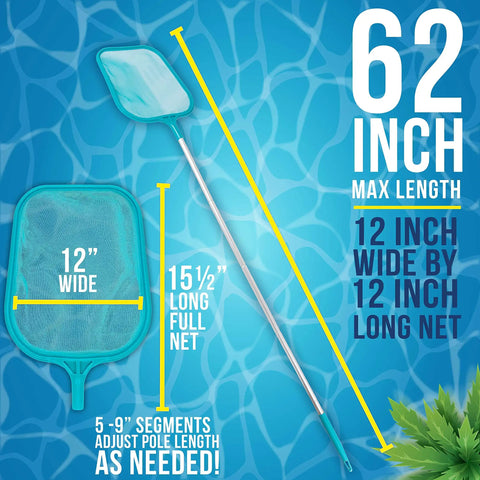 Five Foot Leaf Skimmer Pool Net With Adjustable Aluminum Pole Sections Five To Nine Inch Connectors, Fine Mesh Debris Net shown