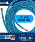Built Tough 10 Footer Nylon Braided Airbrush Hose With Soft Silicone Core, 10 ft, blue, 1/8 inch BSP female connections.