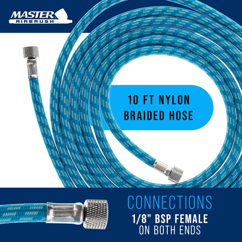 Built Tough 10 Footer Nylon Braided Airbrush Hose With Soft Silicone Core, 10 ft, blue, 1/8 inch BSP female connections.
