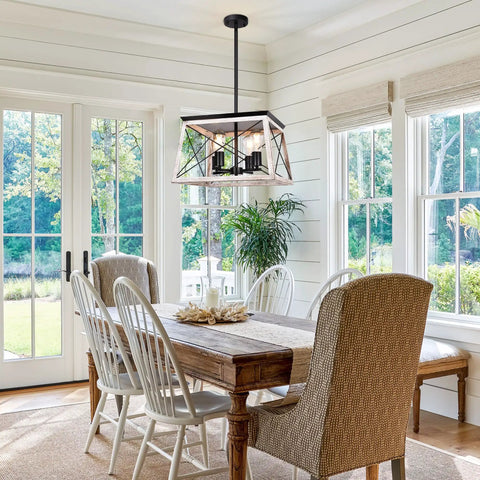 Farmhouse Chandelier For Dining Room And Kitchen Island Rustic White Wood Pendant Light Distressed Four Light Ceiling Fixture Large Hanging Ceiling Lantern For Entryway Hallway Foyer With Barn Chic Vibe That Pops In Any Room above wooden dining table