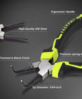 Beefy Four Piece 7 Inch Snap Ring Pliers Set Internal And External Circlip Pliers Kit with ergonomic handle and black finish.