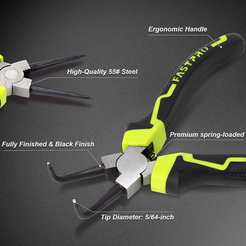 Beefy Four Piece 7 Inch Snap Ring Pliers Set Internal And External Circlip Pliers Kit with ergonomic handle and black finish.