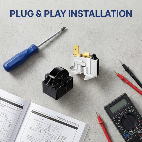 PTC Starter Relay 1 Pin For Refrigerator Replacement Kit with 6750C-0005P Overload Protector on installation setup surface