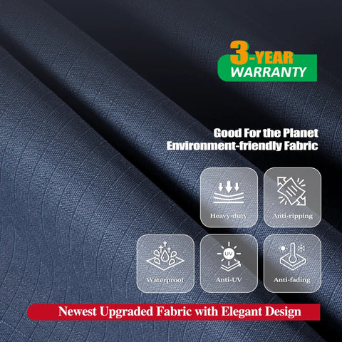 Heavy Duty Waterproof Rectangular Patio Table Cover 86 by 44 by 27.5 Inches, UV Resistant Snowproof for Outdoor Dining Tables, Gray Ripstop Fabric, Weatherproof and Windproof Built to Outlast Every Season, close-up view of fabric texture and features icon