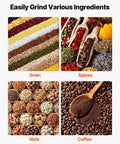 Various grains, spices, nuts, and coffee beans for use with Manual Grain Mill With High Hopper Hand Crank Heavy Duty Cast Iron Wheat Grinding Mill Stable Table Clamp And Dust Cover For Grains Spices Coffee Beans Nuts No Electricity Keeps Flavor Fresh.