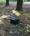 RV Extension Cord Cover Plug Saver Outdoor Electrical Cord Cover elevates and shields cords on a forest ground, fits up to three cords.