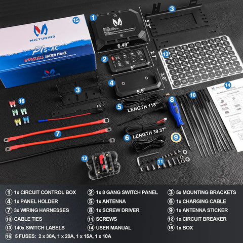P1s AC Wireless RGB Eight Gang Switch Panel With 433 Megahertz Remote Control unboxed components, including control box and accessories