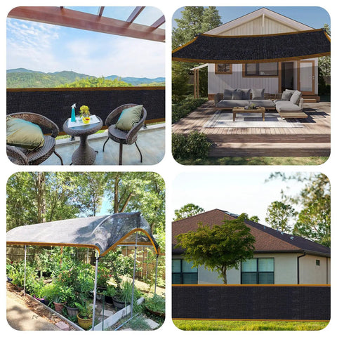 All Purpose Shade Cloth For Garden Plants And Backyard Projects Sixty To Seventy Percent Sunblock Netting installed on patio and garden.