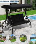 Three Seat Outdoor Patio Swing With Adjustable Canopy And Backrest Cozy Cushioned Porch Swing For Backyard Garden And Poolside Hangouts Heavy Duty 750 Lbs Capacity Black