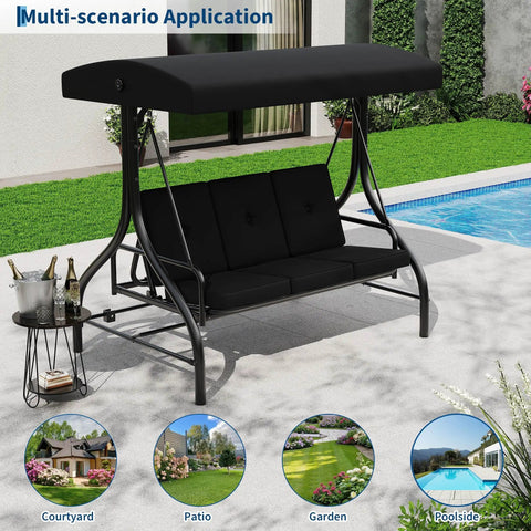 Three Seat Outdoor Patio Swing With Adjustable Canopy And Backrest Cozy Cushioned Porch Swing For Backyard Garden And Poolside Hangouts Heavy Duty 750 Lbs Capacity Black