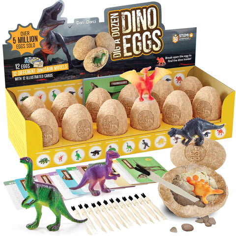 Dig Up 12 Dino Eggs And Uncover 12 Unique Dinosaur Models With A Totally Hands On Dino Dig Kit For Kids, includes eggs and chisels