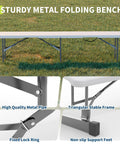Go-To 6-Foot Folding Bench Two Pack Portable Plastic Outdoor Seating with metal frame, lock ring, and non-slip feet.