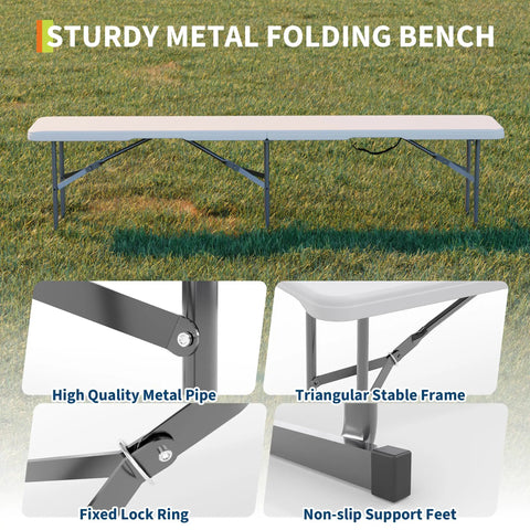 Go-To 6-Foot Folding Bench Two Pack Portable Plastic Outdoor Seating with metal frame, lock ring, and non-slip feet.