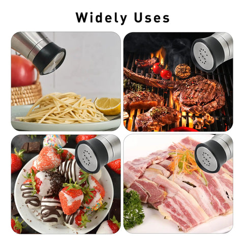 Go-To Salt And Pepper Shaker Set With Stainless Steel Caps And Glass Bottles seasoning various dishes in a grid layout