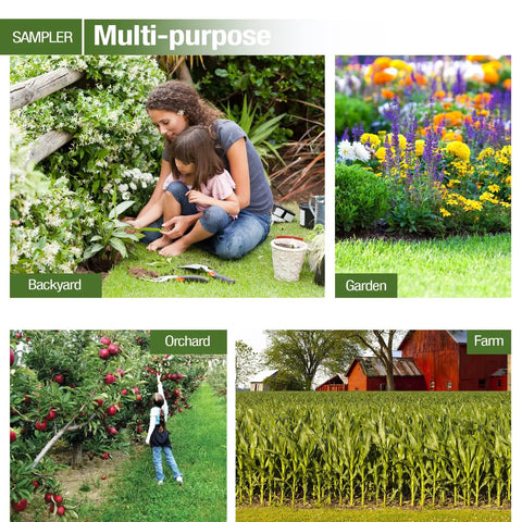 Collage of multi-purpose garden and farm settings with people using soil probes for sampling in backyard, orchard, and farm.