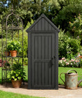 Vertical Outdoor Storage Shed With Waterproof Resin Cabinet Removable Shelves And Twelve Hooks Lockable Garden Tool Shed