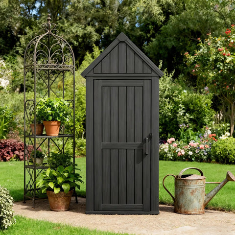 Vertical Outdoor Storage Shed With Waterproof Resin Cabinet Removable Shelves And Twelve Hooks Lockable Garden Tool Shed