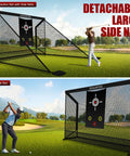 Heavy Duty Golf Hitting Net With Target Cloth 10 X 7.5 Feet Side Barriers Backyard Practice Net For Home Garage Swing Training Indoor Or Outdoor Use Pro Grade Durable Metal Frame And 5 Ply Net shown with and without side barriers on golf course.