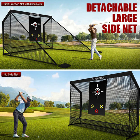 Heavy Duty Golf Hitting Net With Target Cloth 10 X 7.5 Feet Side Barriers Backyard Practice Net For Home Garage Swing Training Indoor Or Outdoor Use Pro Grade Durable Metal Frame And 5 Ply Net shown with and without side barriers on golf course.