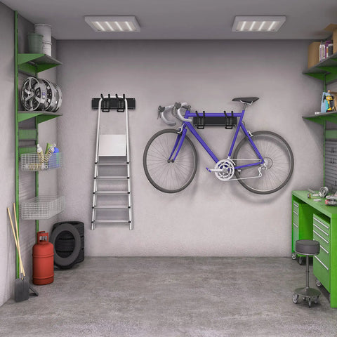 Garage Wall Mount Tool Organizer Rack With 6 Adjustable Heavy Duty Hooks shown with bike and ladder in garage, anthracite finish