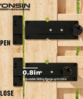 Built Like A Tank Heavy Duty Steel 2 Way Slide Bar Gate Latch open and close positions on wooden fence with adjustable range.