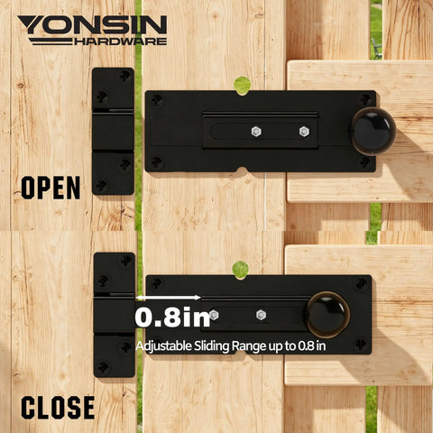 Built Like A Tank Heavy Duty Steel 2 Way Slide Bar Gate Latch open and close positions on wooden fence with adjustable range.
