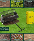 Beast Compost And Peat Moss Spreader For Lawns And Gardens With 2 In 1 ATV And T Shaped Handle, showing rolling width and materials.