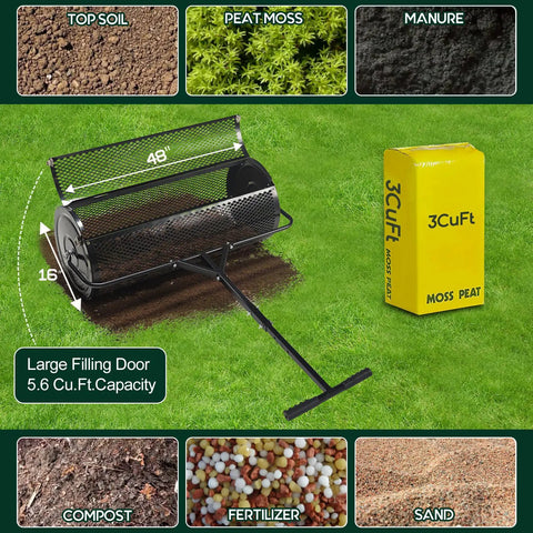 Beast Compost And Peat Moss Spreader For Lawns And Gardens With 2 In 1 ATV And T Shaped Handle, showing rolling width and materials.