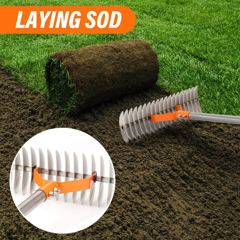 62 Inch Adjustable Thatch Rake With 19 Tines Nickel Steel For Lawn Dethatching And Soil Aeration shown laying sod on lawn