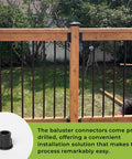 Black polypropylene baluster connectors installed on deck rail, showing use in straight railing sections with trees in background.