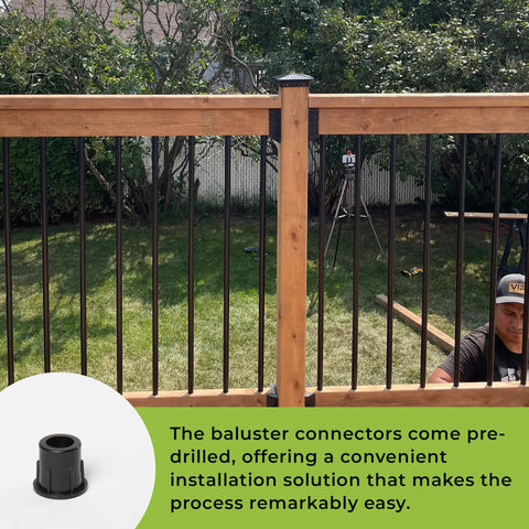 Black polypropylene baluster connectors installed on deck rail, showing use in straight railing sections with trees in background.