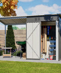 Waterproof 9.6 Ft By 2.3 Ft Storage Shed With Gazebo Porch 2-In-1 Lean-To Tool Storage Garden House Beefy Heavy Duty All Weather Metal Shed With Lockable Door For Patio Backyard Lawn Gray, shown with tools and outdoor setup
