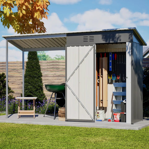 Waterproof 9.6 Ft By 2.3 Ft Storage Shed With Gazebo Porch 2-In-1 Lean-To Tool Storage Garden House Beefy Heavy Duty All Weather Metal Shed With Lockable Door For Patio Backyard Lawn Gray, shown with tools and outdoor setup